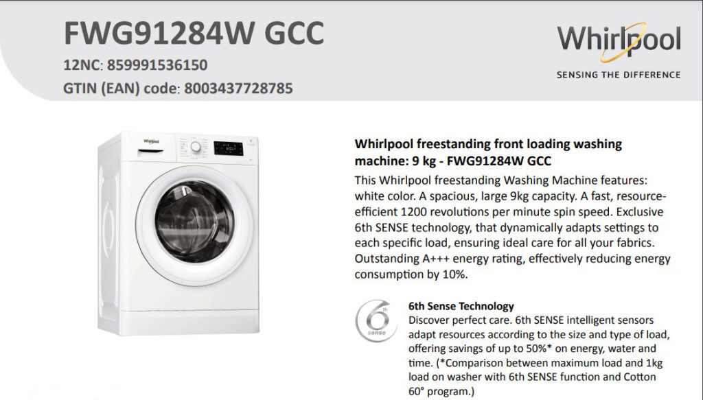 Whirlpool Front Load Washing Machine 9 KG- FWG91284W
