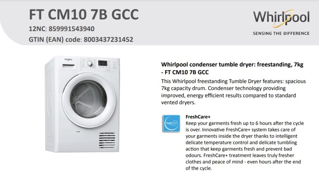 Whirlpool 7 KG Condenser Tumble Dryer- FTCM107BGCC