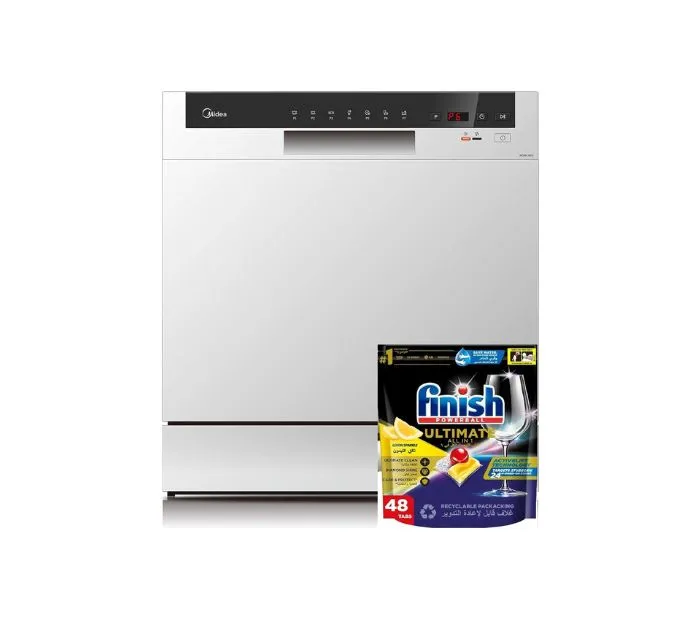 Midea Counter Top Dishwasher Portable 8 Place Settings 7 Programs Inverter Quattro Silent \ High Energy Efficient Rapid Wash Child Lock, Self Cleaning, 70 Intensive Color Silver Model – WQP83802FS – 1 Year Brand Warranty.