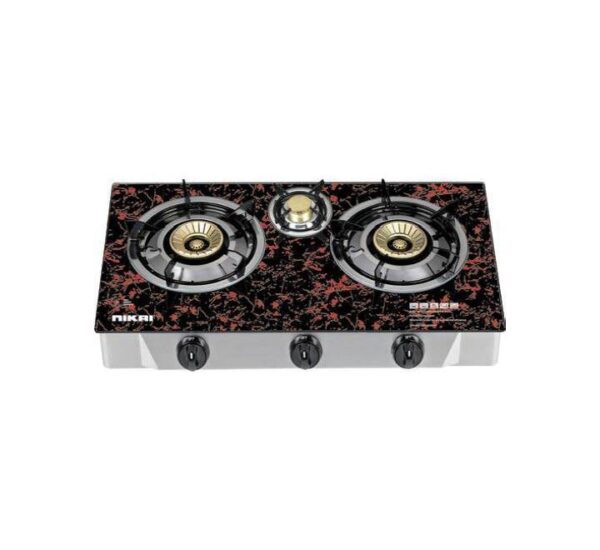 NIKAI 3 Burner glass finish Gas Stove Stainless Steel Black Model NG9093GSF | 1 Year Warranty