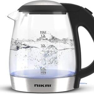 Nikai 1.2L Electric Glass Kettle With Filter And Boil Dry Protection Silver Model NK303G | 1 Year Warranty