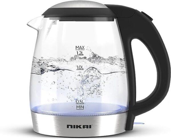 Nikai 1.2L Electric Glass Kettle With Filter And Boil Dry Protection Silver Model NK303G | 1 Year Warranty