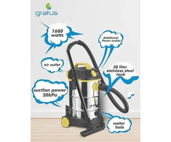 Gratus 30 Litres Canister Vacuum Cleaner Wet / Dry / Blow With Multi Filtration 2000W Black Model-WVC2516AC | 1 Year Brand Warranty.