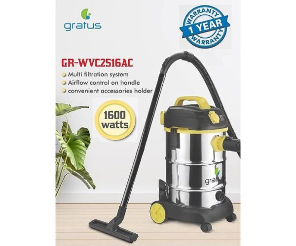 Gratus 30 Litres Canister Vacuum Cleaner Wet / Dry / Blow With Multi Filtration 2000W Black Model-WVC2516AC | 1 Year Brand Warranty.