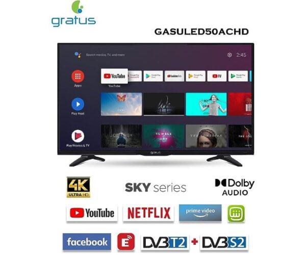 Gratus 50 Inchs Smart LED TV with Built in Digital Receiver, Android 9.0 smart, Color Box, A+ Panel, Wi-Fi Black Model-GASULED50ACHD | 1 Year Brand Warranty.