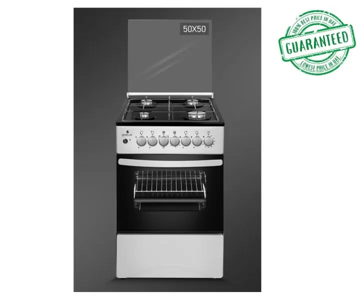 Gratus 4 Burner Gas Cooker With Gas Grill Euro Pool Type Burners Size (50 x 50) cm White/Black  Model-GGR54FRTE |1 Year Brand Warranty.