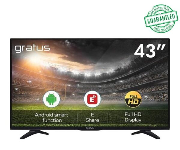 Gratus 43 Inchs HD SMART LED TV With E-SHARE, You tube, Netflix, face book, A+ panel, HDMI, Black Model-GASLED432ACHD | 1 Year Brand Warranty.