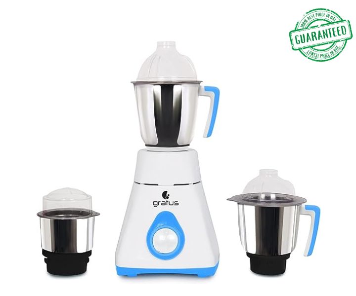 Gratus Mixer Grinder Powerful Copper Motor With 3 Strong Steel Jars White 800Watts Model-8003TI | 2 Year Brand Warranty.