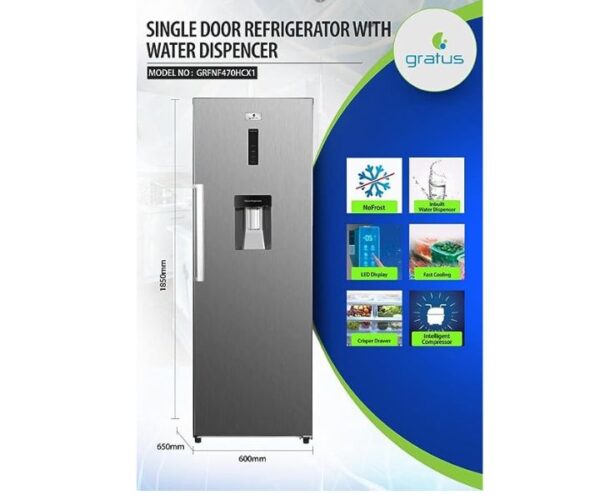 Gratus 470 Litres Refrigerator Single Door With Water Dispenser, Active-C Fresh, Multi-Air Flow Indox Silver Model-GRFNF470HCX1 | 1 Year Full 5 Years Compressor Warranty.