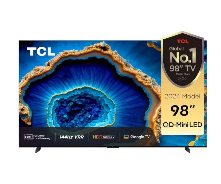 TCL 98 Inches TV 4K QD-Mini LED Smart TV Google TV Game Master 2.0 Dolby Vision IQ-Atmos HDR 1600 nits peak IMAX Enhanced 144HZ VRR Black Model-98C755 | 1 Year Warranty